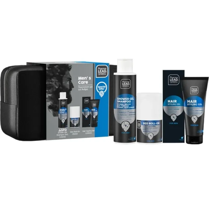 Pharmalead Promo Men's Care Σετ Περιποίησης για τον Άνδρα με Gel Μαλλιών για Styling, 100ml, Αποσμητικό Roll-On, 50ml & Δώρο Ανδρικό Σαμπουάν - Αφρόλουτρο 3σε1, 100ml & Νεσεσέρ, 1τεμ, 1σετ